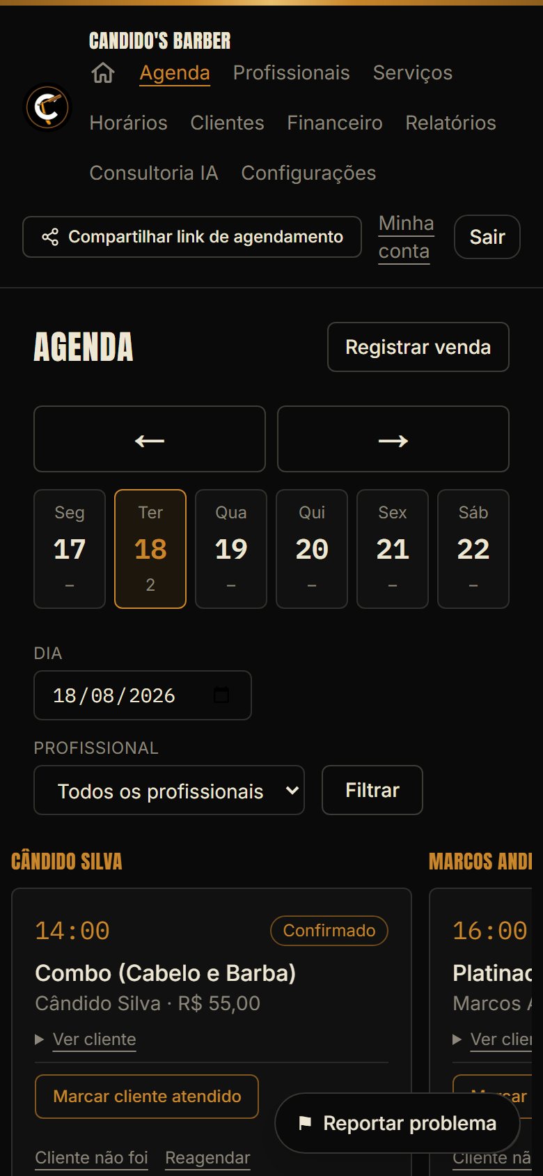 Painel de gestão da Prosperaí, com a agenda por profissional